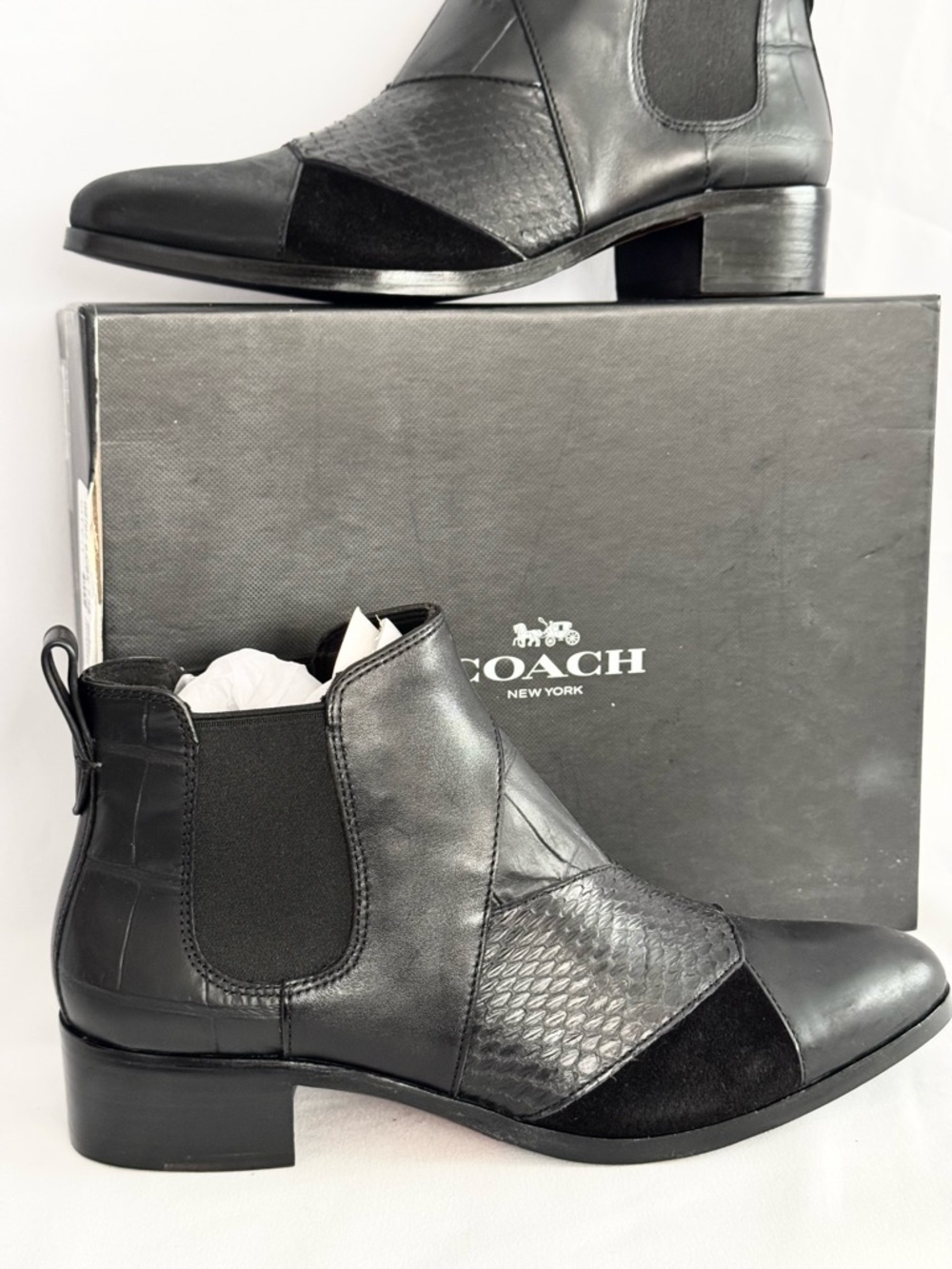 Coach Suffolk Patchwork Leather Ankle Boots Black 7.5 Chelsea NIB